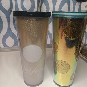 2 STARBUCKS 24 Oz. Acrylic VENTI Cold Cup Tumbler GOLD GLITTER Lot 1 Las Vegas
